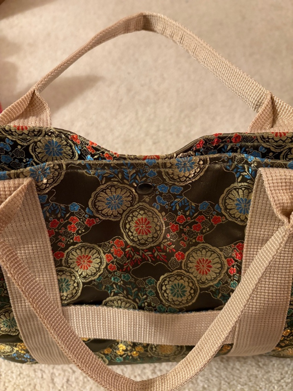 Oriental Olive Green Vibrant Floral Jacquard Satin Tote Bag with Beige Straps - Picture 13 of 16